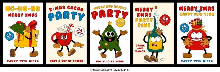 Set of poster with cute comic gloved hands characters in cartoon 1930s style for Happy New Year and merry christmas holiday party. 