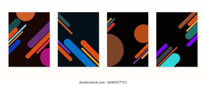 SET POSTER DARK BACKGROUND WITH AESTHETIC GEOMETRIC SHAPES COMPOSITION PASTEL COLOR DESIGN. GOOD FOR WALLPAPER, COVER, FRAME, FLYER, SOCIAL MEDIA, GREETING CARD