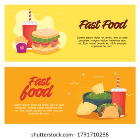 set poster, delicious fast food vector illustration design