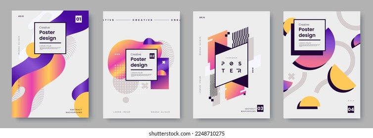 Set of poster design with abstract colorful geometric graphics and place for text. Modern banner template with vibrant shapes and glitchy graphic elements. Ideal for cover, invitation, flyer.