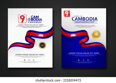 Set Poster Design Cambodia Independence Day Background Template With Elegant Ribbon-shaped Flag, Gold Circle Ribbon. Vector Illustration