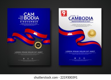 Set poster design Cambodia Independence Day background template with elegant ribbon-shaped flag, gold circle ribbon. vector illustration