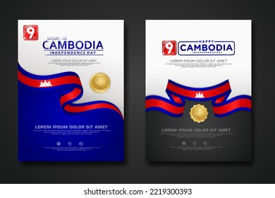 Set poster design Cambodia Independence Day background template with elegant ribbon-shaped flag, gold circle ribbon. vector illustration