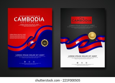 Set poster design Cambodia Independence Day background template with elegant ribbon-shaped flag, gold circle ribbon. vector illustration