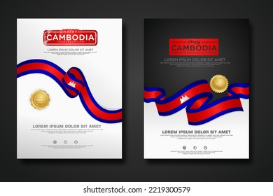 Set poster design Cambodia Independence Day background template with elegant ribbon-shaped flag, gold circle ribbon. vector illustration