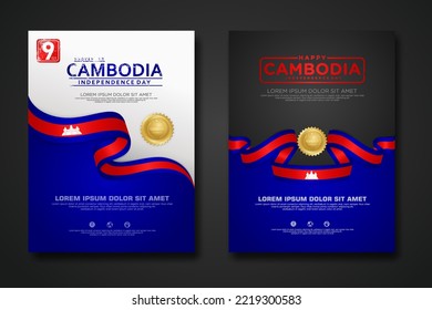Set poster design Cambodia Independence Day background template with elegant ribbon-shaped flag, gold circle ribbon. vector illustration