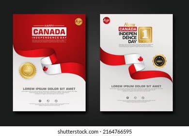 Set poster design Canada happy Independence Day background template with elegant ribbon-shaped flag, gold circle ribbon. vector illustration