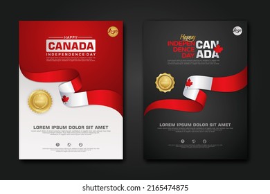 Set poster design Canada happy Independence Day background template with elegant ribbon-shaped flag, gold circle ribbon. vector illustration