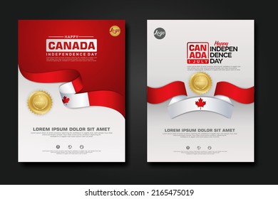 Set Poster Design Canada Happy Independence Day Background Template With Elegant Ribbon-shaped Flag, Gold Circle Ribbon. Vector Illustration