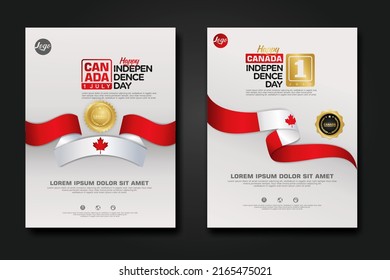 Diseñar afiches para Canadá feliz Día de la Independencia con elegante bandera en forma de cinta, cinta de círculo dorado. ilustración vectorial