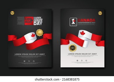Set poster design Canada happy Independence Day background template with elegant ribbon-shaped flag, gold circle ribbon. vector illustration