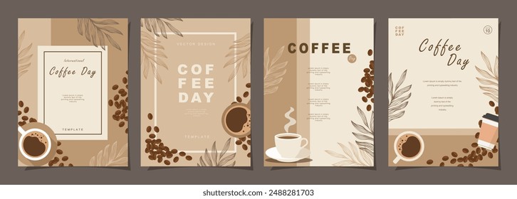 Set of poster design with coffee beans and leaves on minimal background for invitations, cards, banner, paper, cover, cafe menu or another template design. vector illustration.