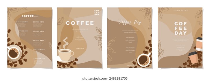 Set of poster design with coffee beans and leaves on minimal background for invitations, cards, banner, paper, cover, cafe menu or another template design. vector illustration.