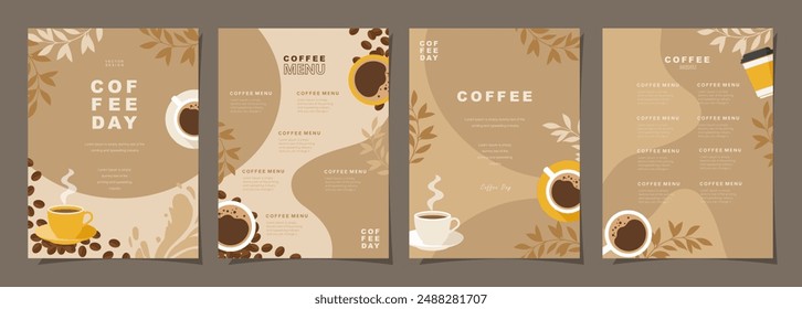 Set of poster design with coffee beans and leaves on minimal background for invitations, cards, banner, paper, cover, cafe menu or another template design. vector illustration.