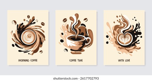 Set of poster design with coffee splash and beans for invitations, cards, banner, paper, cover, cafe menu or another template design. vector illustration.
