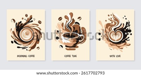 Set of poster design with coffee splash and beans for invitations, cards, banner, paper, cover, cafe menu or another template design. vector illustration.