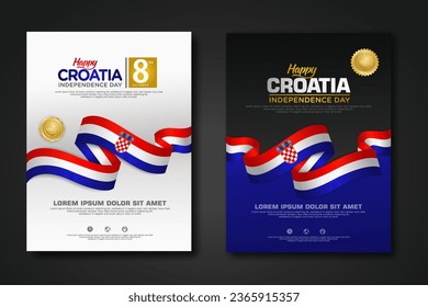 Set poster design Croatia happy Independence Day background template with elegant ribbon-shaped flag, gold circle ribbon. vector illustration