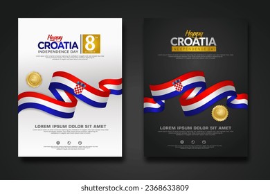 Set poster design Croatia happy Independence Day background template with elegant ribbon-shaped flag, gold circle ribbon. vector illustration