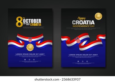 Set poster design Croatia happy Independence Day background template with elegant ribbon-shaped flag, gold circle ribbon. vector illustration