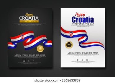 Set poster design Croatia happy Independence Day background template with elegant ribbon-shaped flag, gold circle ribbon. vector illustration