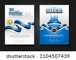 Set poster design Estonia happy Independence Day background template with elegant ribbon-shaped flag, gold circle ribbon and silhouette Estonia city. vector illustrations