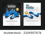 Set poster design Estonia happy Independence Day background template with elegant ribbon-shaped flag, gold circle ribbon and silhouette Estonia city. vector illustrations