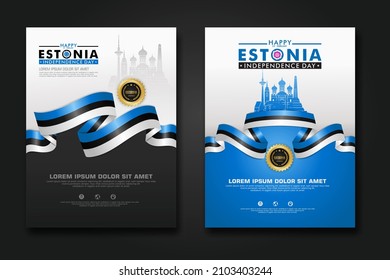 Set poster design Estonia happy Independence Day background template with elegant ribbon-shaped flag, gold circle ribbon and silhouette Estonia city. vector illustrations