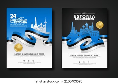 Diseñar afiches para Estonia feliz plantilla de fondo del Día de la Independencia con elegante bandera en forma de cinta, cinta de círculo dorado y silueta de la ciudad de Estonia. ilustraciones vectoriales