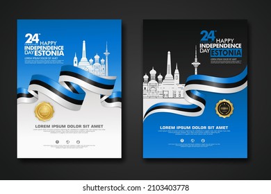 Set poster design Estonia happy Independence Day background template with elegant ribbon-shaped flag, gold circle ribbon and silhouette Estonia city. vector illustrations