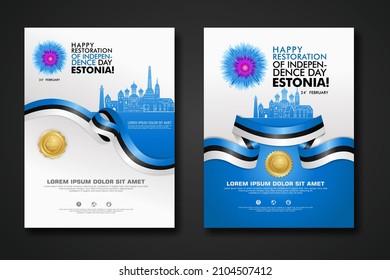 Set poster design Estonia happy Independence Day background template with elegant ribbon-shaped flag, gold circle ribbon and silhouette Estonia city. vector illustrations