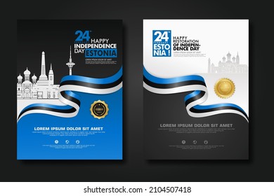 Set poster design Estonia happy Independence Day background template with elegant ribbon-shaped flag, gold circle ribbon and silhouette Estonia city. vector illustrations