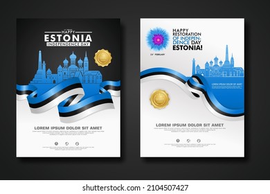 Diseñar afiches para Estonia feliz plantilla de fondo del Día de la Independencia con elegante bandera en forma de cinta, cinta de círculo dorado y silueta de la ciudad de Estonia. ilustraciones vectoriales