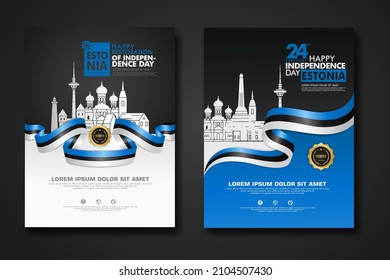 Diseñar afiches para Estonia feliz plantilla de fondo del Día de la Independencia con elegante bandera en forma de cinta, cinta de círculo dorado y silueta de la ciudad de Estonia. ilustraciones vectoriales