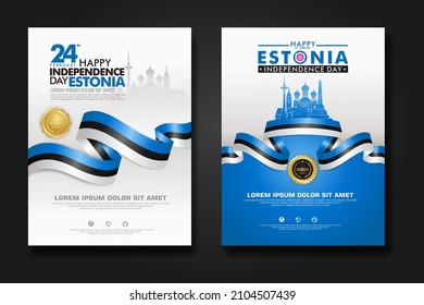 Set poster design Estonia happy Independence Day background template with elegant ribbon-shaped flag, gold circle ribbon and silhouette Estonia city. vector illustrations