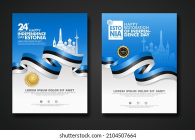 Set poster design Estonia happy Independence Day background template with elegant ribbon-shaped flag, gold circle ribbon and silhouette Estonia city. vector illustrations