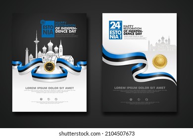 Diseñar afiches para Estonia feliz plantilla de fondo del Día de la Independencia con elegante bandera en forma de cinta, cinta de círculo dorado y silueta de la ciudad de Estonia. ilustraciones vectoriales