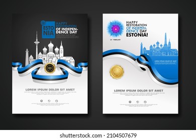 Diseñar afiches para Estonia feliz plantilla de fondo del Día de la Independencia con elegante bandera en forma de cinta, cinta de círculo dorado y silueta de la ciudad de Estonia. ilustraciones vectoriales