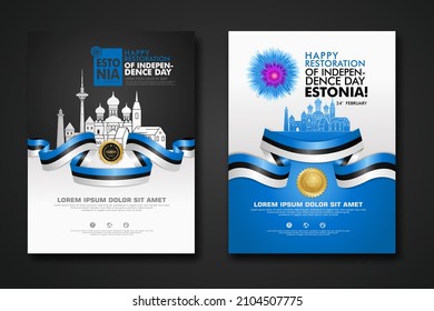 Set Poster Design Estland Happy Independence Day Hintergrund Vorlage mit eleganter bandförmige Flagge, goldener Kreis Band und Silhouette Estland Stadt. Vektorgrafiken