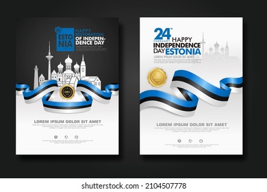 Set poster design Estonia happy Independence Day background template with elegant ribbon-shaped flag, gold circle ribbon and silhouette Estonia city. vector illustrations