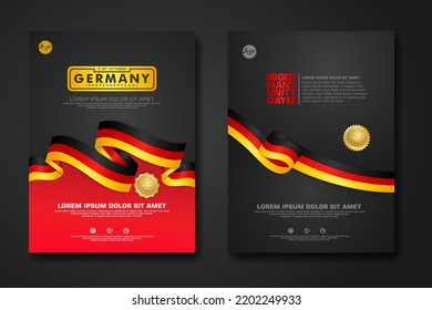 Set Poster Design Germany Unity Day Background Template With Elegant Ribbon-shaped Flag, Gold Circle Ribbon. Vector Illustration