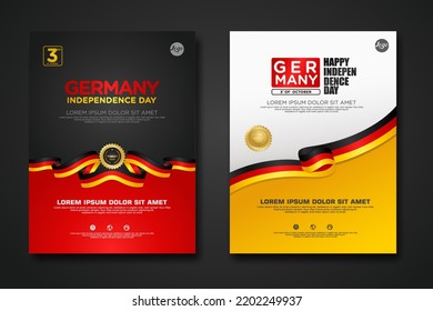 Set Poster Design Germany Unity Day Background Template With Elegant Ribbon-shaped Flag, Gold Circle Ribbon. Vector Illustration