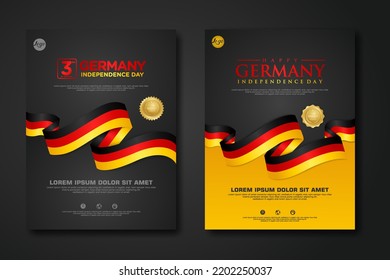 Set Poster Design Germany Unity Day Background Template With Elegant Ribbon-shaped Flag, Gold Circle Ribbon. Vector Illustration