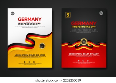 Set Poster Design Germany Unity Day Background Template With Elegant Ribbon-shaped Flag, Gold Circle Ribbon. Vector Illustration