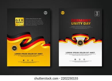 Set Poster Design Germany Unity Day Background Template With Elegant Ribbon-shaped Flag, Gold Circle Ribbon. Vector Illustration