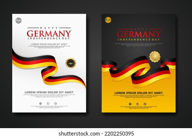 Set Poster Design Germany Unity Day Background Template With Elegant Ribbon-shaped Flag, Gold Circle Ribbon. Vector Illustration