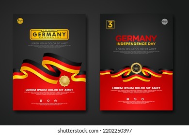 Set Poster Design Germany Unity Day Background Template With Elegant Ribbon-shaped Flag, Gold Circle Ribbon. Vector Illustration