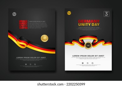 Set Poster Design Germany Unity Day Background Template With Elegant Ribbon-shaped Flag, Gold Circle Ribbon. Vector Illustration