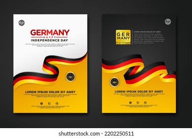 Set Poster Design Germany Unity Day Background Template With Elegant Ribbon-shaped Flag, Gold Circle Ribbon. Vector Illustration