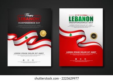 Set poster design Lebanon Independence day background template with elegant ribbon-shaped flag, gold circle ribbon. vector illustration
