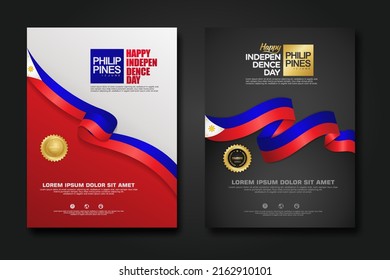 Set poster design Philippines happy Independence Day background template with elegant ribbon-shaped flag, gold circle ribbon. vector illustration